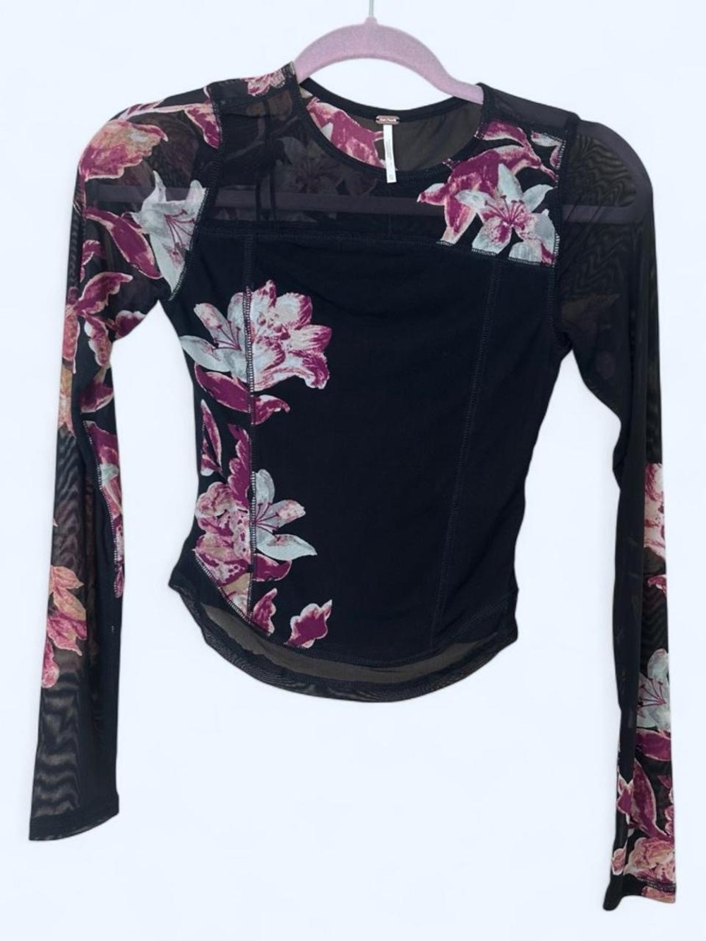 Free People Black Long-Sleeve Floral Mesh Top with Pink Accents